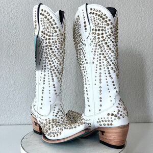 Lane DOLLY White Cowboy Boots Womens 7.5 Gold Bling Western Wedding Bridal Tall